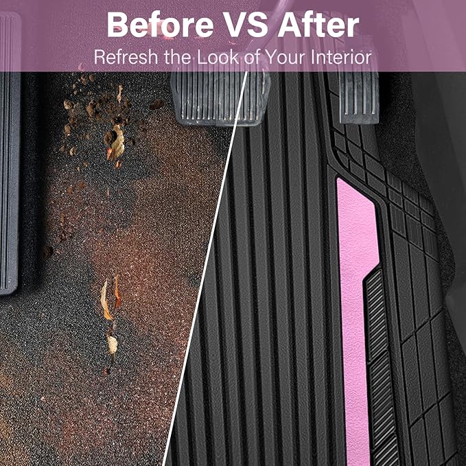 CAR PASS Heavy Duty Rubber Car Mats Metallic, Aluminum Film Cute All Weather Floor Mats Waterproof Universal Trim to Fit for SUV Sedan Van 4 Piece Deep Dish Two-Tone Sporty Black Light Pink Chrome