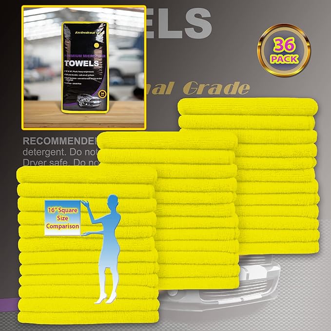 Blue Horizon Microfiber Cleaning Towels, 36-Pack, Ultra Soft Plush Washcloth, Professional Grade Premium Microfiber Detailing Cleaning Cloths, Car, Household and Commercial (Yellow, 16" x 16")