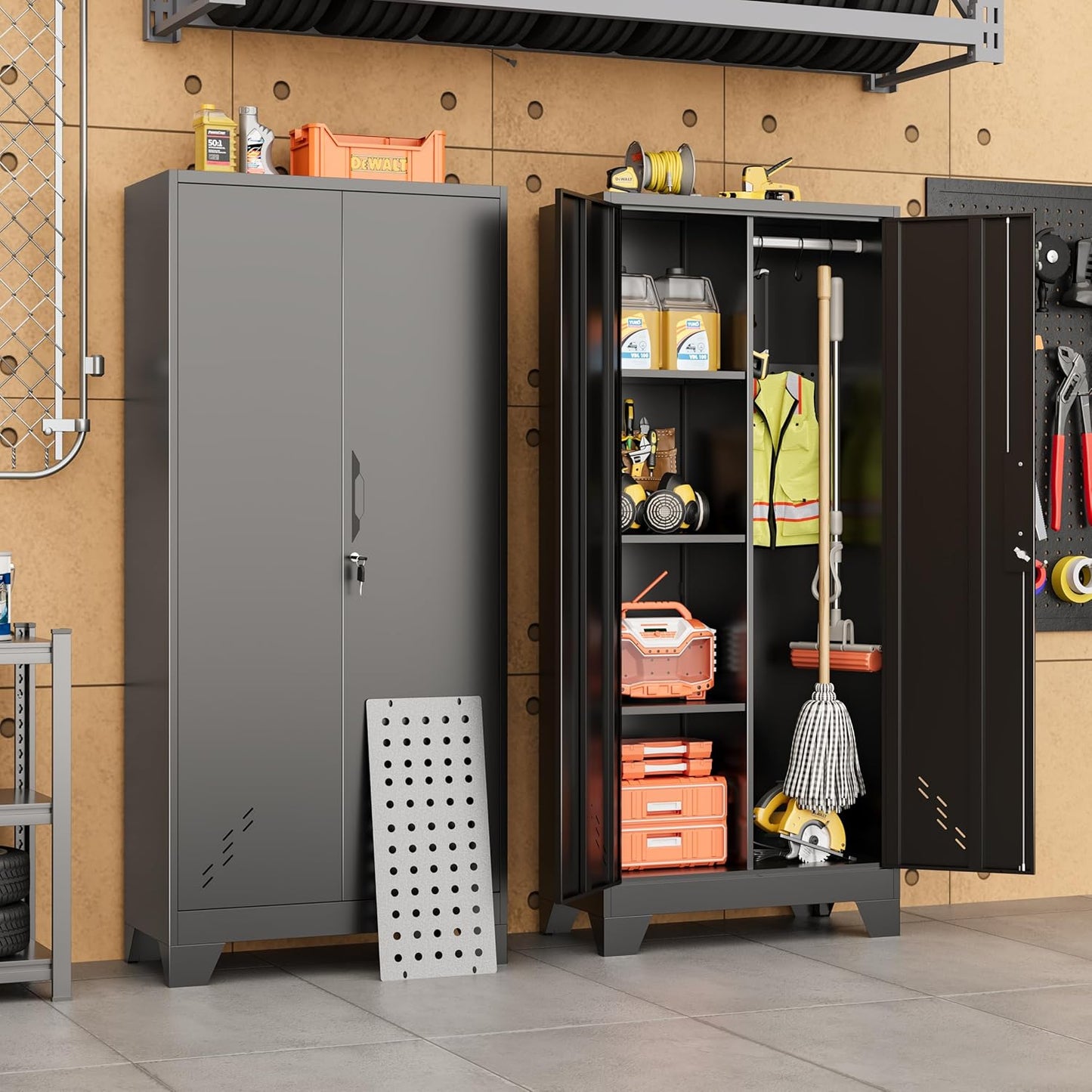 61" H Metal Storage Cabinet, Storage Shed with Shelves for Brooms and mops, Cleaning Supplies Closet with Removable Pegboard for Outdoor, Garage, Utility Room
