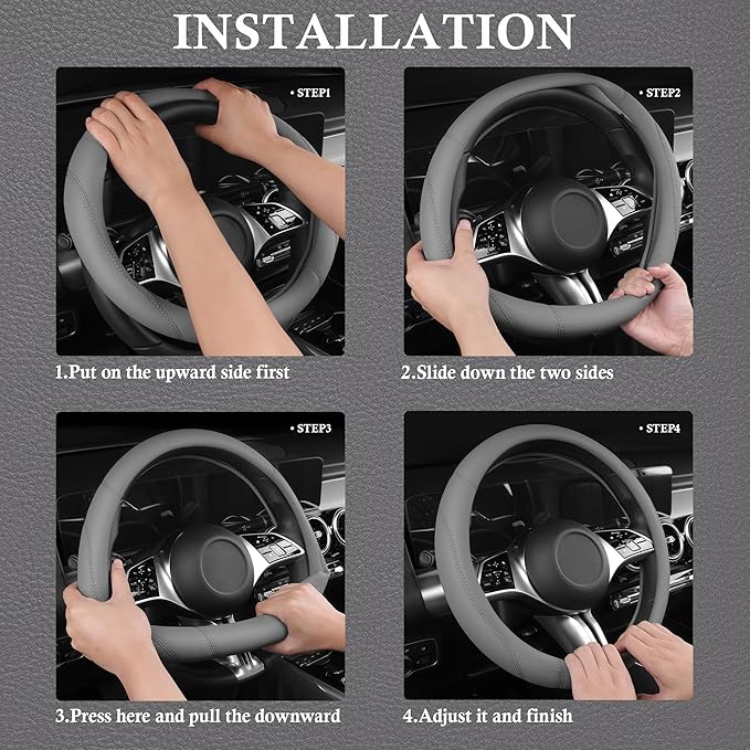 CAR PASS Microfiber Leather Steering Wheel Cover and Waterproof Car Floor Mats,Universal Car Combo Fit for 95% Sedan,SUV,Cars,14.5-15inch Anti-Slip Safety Comfortable Faux Leather Design(Solid Gray)