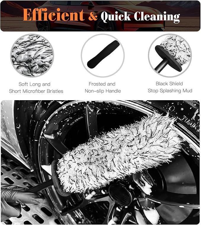 YeewayVeh Car Wheel Brush Kit, 4PCS Microfiber Wheel Cleaner Brush, Soft & Scratch-Free Detailing Brush and Tire Brush, Professional Wheel Cleaning Kit for Car Rim Fenders Engine Exhaust Tips, Orange