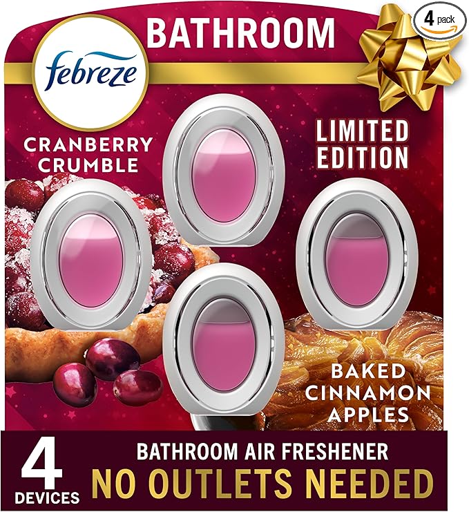 Febreze Bathroom Air Freshener, Odor-Fighting, Plug In Alternative, Air Fresheners for Home and Bathroom and Kitchen, Closet Air Fresheners, Baked Cinnamon Apples & Cranberry Crumble Scent, 4 Count