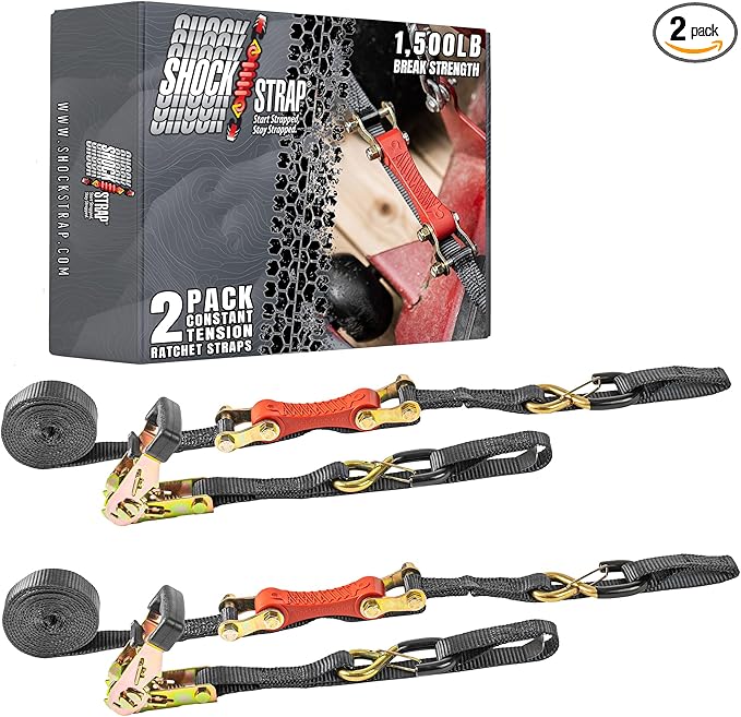 Ratchet Strap, 10' x 1" Shock Absorbing Heavy Duty Tie Downs for Cargo, 500 LB WLL / 1,500 LB Break Strength, 2-Pack