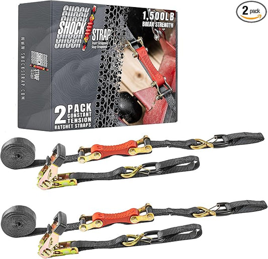 Ratchet Strap, 10' x 1" Shock Absorbing Heavy Duty Tie Downs for Cargo, 500 LB WLL / 1,500 LB Break Strength, 2-Pack