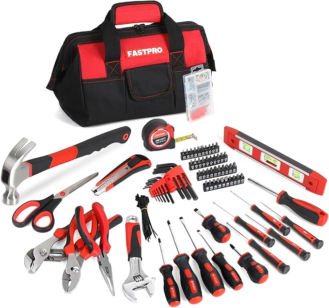 FASTPRO 220-Piece Home Tool Set, Household Repairing Tool Kit with 12-Inch Wide Mouth Open Storage Tool Bag, Red
