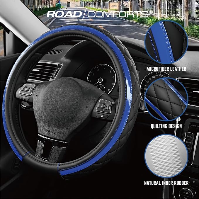 Road Comforts Leather Steering Wheel Cover – Black & Blue, Universal Fit 14.5-15 Inch, Microfiber Leather, Anti-Slip & Breathable Design for Men and Women