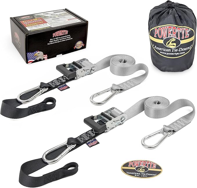PowerTye 1.5 inch x 10ft Extra Long Ratchet Tie Down Straps, Heavy Duty with Carabiner Hooks, Soft-Tye & Bag, for Motorcycle, ATV & Cargo - 1,000 lb WLL - Made in USA - Silver/Black Pair
