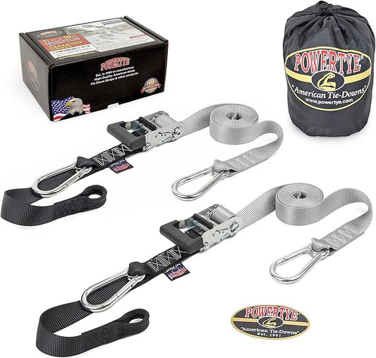 PowerTye 1.5 inch x 10ft Extra Long Ratchet Tie Down Straps, Heavy Duty with Carabiner Hooks, Soft-Tye & Bag, for Motorcycle, ATV & Cargo - 1,000 lb WLL - Made in USA - Silver/Black Pair