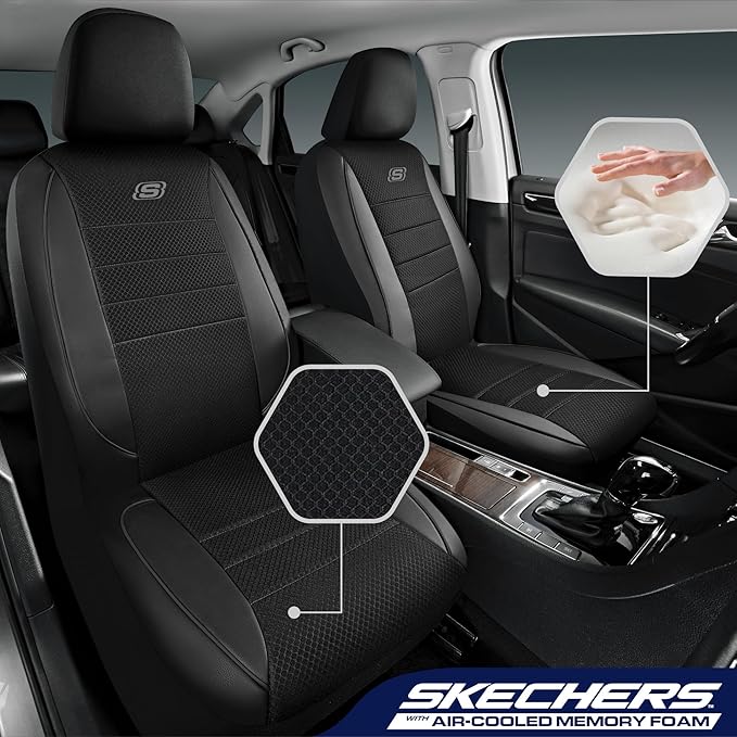 Skechers Air-Cooled Memory Foam Seat Covers,Mesh Thick Car Seat Covers,Piping Leather Car Seat Cover,Airbag Compatible,Automotive Comfort for Most Cars, Vans, Trucks, SUV(Black, Full Set)