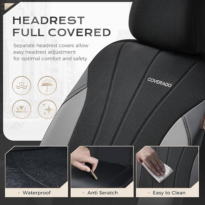 Coverado Automotive Seat Cover Full Set, Front and Rear Seat Covers, Waterproof Leather Seat Covers 5 Seats, Luxury Car Seat Protectors Universal Fit for Most Vehicles, SUV, Truck, Sedan