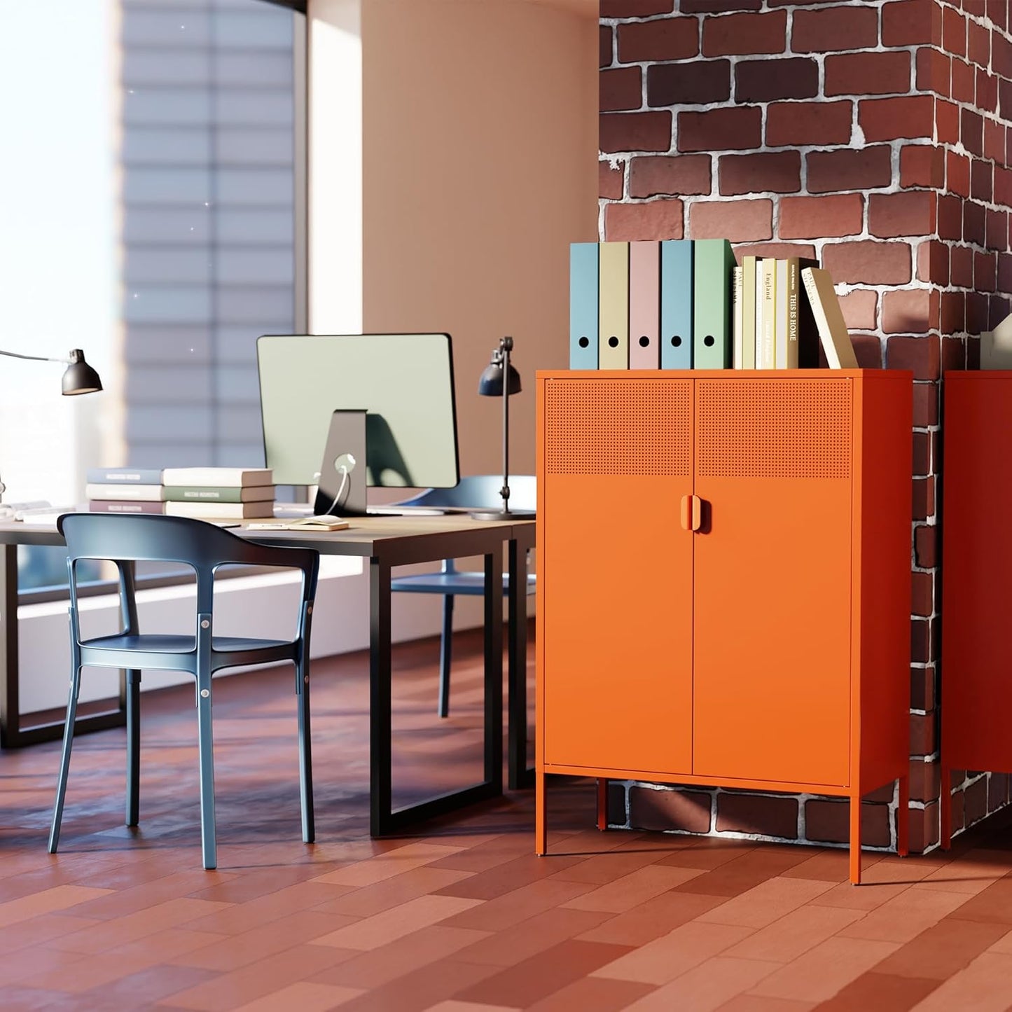 2 Mesh Door Metal Cabinet with Adjustable Shelves, Multipurpose Orange Storage Cabinet, 3-Tier,Metal Storage Cabinet for Office Home,Hallway(Orange, 47''H)