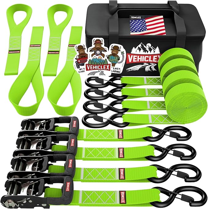 Vehiclex 1.5" x 15 ft 4,400 lb Heavy Duty Ratchet Tie Down Straps with Soft Loops – 4PK for Cargo & Equipment – Green