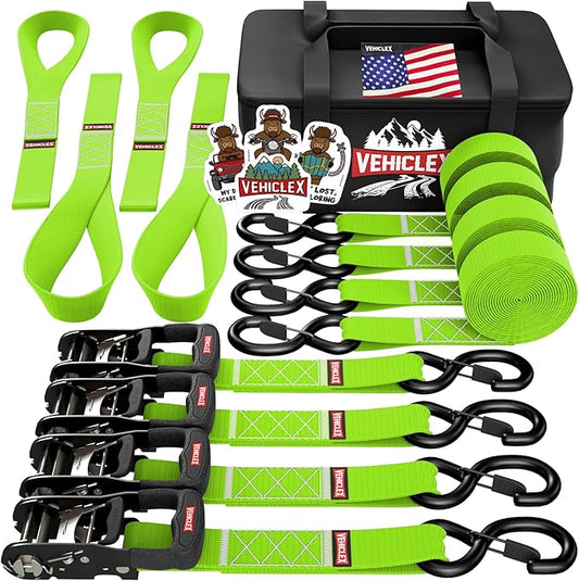 Vehiclex 1.5" x 15 ft 4,400 lb Heavy Duty Ratchet Tie Down Straps with Soft Loops – 4PK for Cargo & Equipment – Green