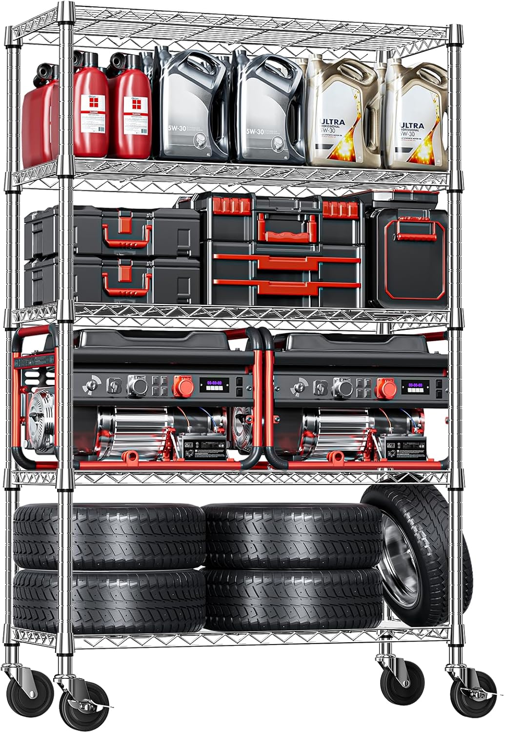 IZEUK 5-Tier Storage Shelving Unit with Wheels, Adjustable Heavy Duty Steel Wire Rack Organizer (Chrome, 17.7" D x 47.2" W x 76.7" H, 1750 lbs Capacity) for Garage, Kitchen, Pantry, Laundry, Basement