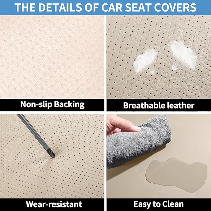 Leather Front Car Seat Covers Breathable Seat Covers Waterproof Seat Protectors Universal Fit for Most Automotive Cars SUV Trucks Van (Beige, Front Pair)
