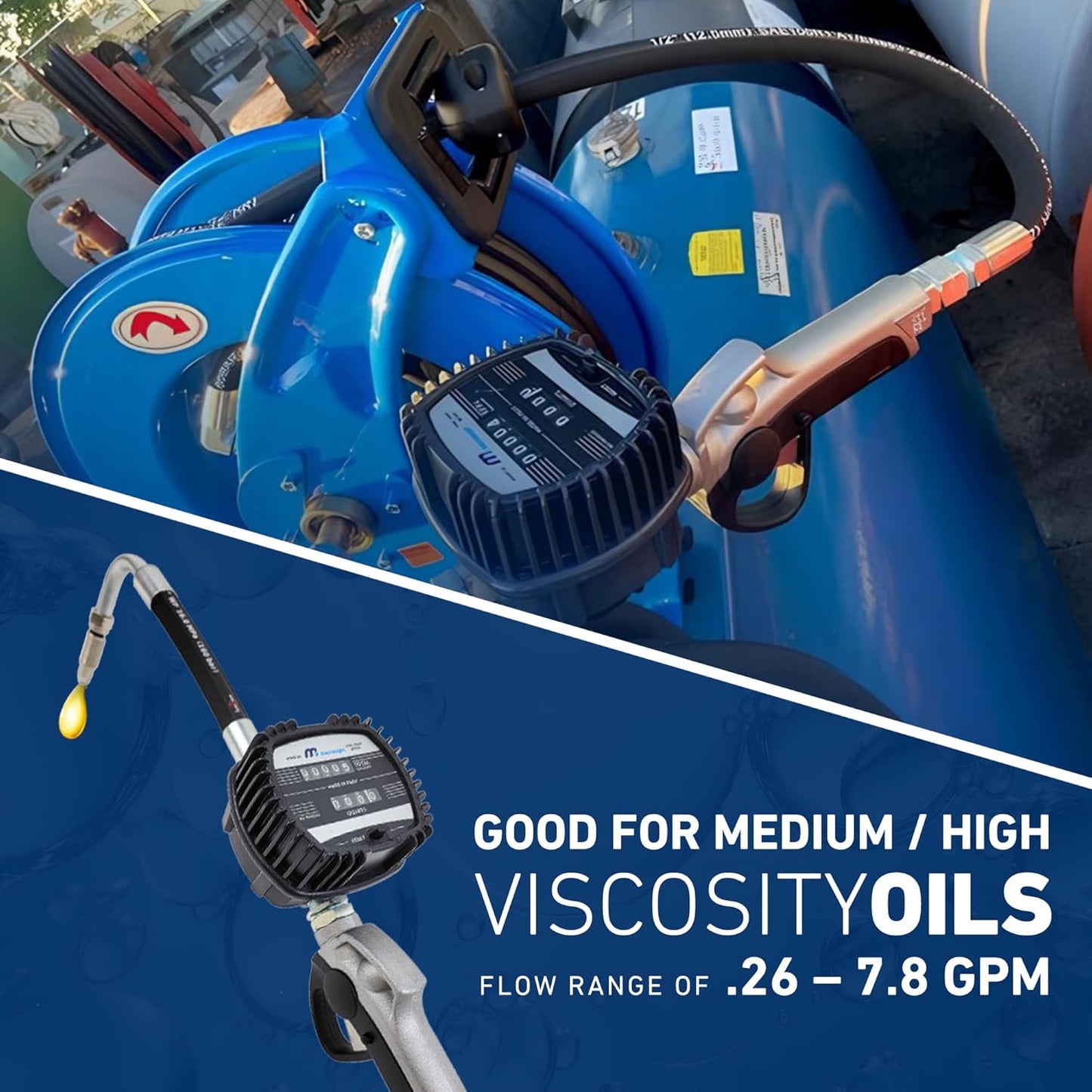 Macnaught Pneumatic Oil Gun with Control Valve 1/2" inch NPT Inlet, Mechanical Meter, Registers in Qts & Totals in Gal. Oil, antifreeze, trans fluid, lubricating oil, synthetic hydraulic oil & more