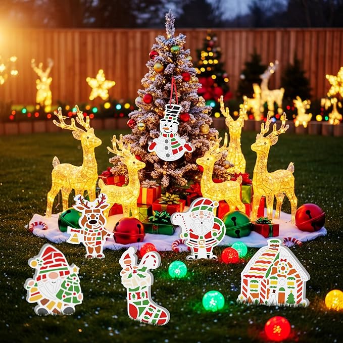 Gersoniel 6 Pack Christmas Paint Your Own Ceramic Ornament Kit Mosaic Stepping Stone Crafts Set Xmas Garden Stones Decor Pottery with Paints Brushes for Holiday Painting Party DIY Art Supplies