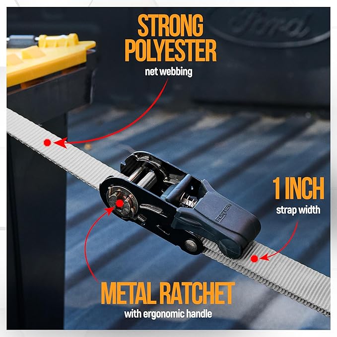 FORTEM Ratchet Straps, Tie Down Strap Set 2300lb Break Strength, 4 Pack 15ft x 1in, 4 Soft Loops, Moving Straps Tie Downs, Cargo Cam Buckles for Trucks, Carry Bag, for Men