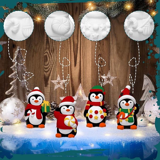 Eersida 6 Sets Christmas Penguin Ceramics to Paint Penguin Ready to Paint Your Own Ceramic Statues DIY Unpainted Ceramics Paintable Figurines Kit Crafts with Brush Palette