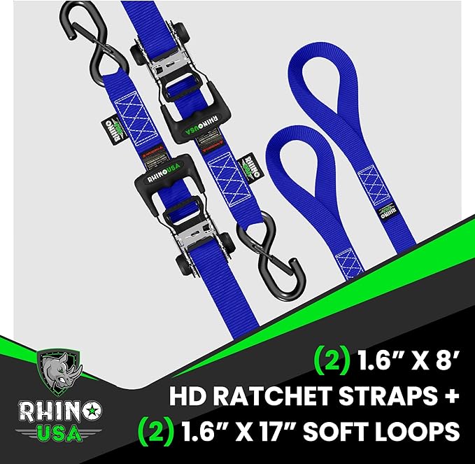 Rhino USA Ratchet Straps Heavy Duty Kit (2-Pack) - 1.6 Inch x 8 Feet Min Break Strength (5,000) - Ultimate Tie Down Straps with Safety S Hooks for Trucks, ATV, UTV, Motorcycle, Cargo & More - Green