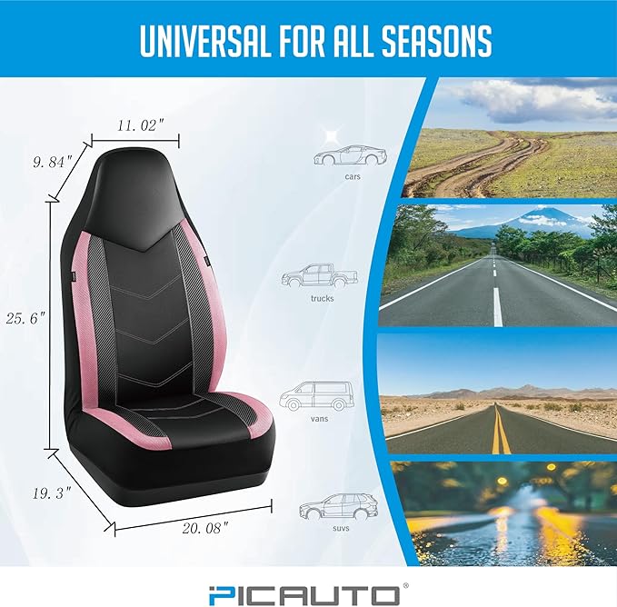 PIC AUTO Leather Car Seat Covers, Sports Carbon Fiber & Mesh Design, High-Back Front & Rear Full Set, Waterproof Automotive Seat Covers, Airbag Compatible, Universal Fit for Most Cars (Black & Pink)