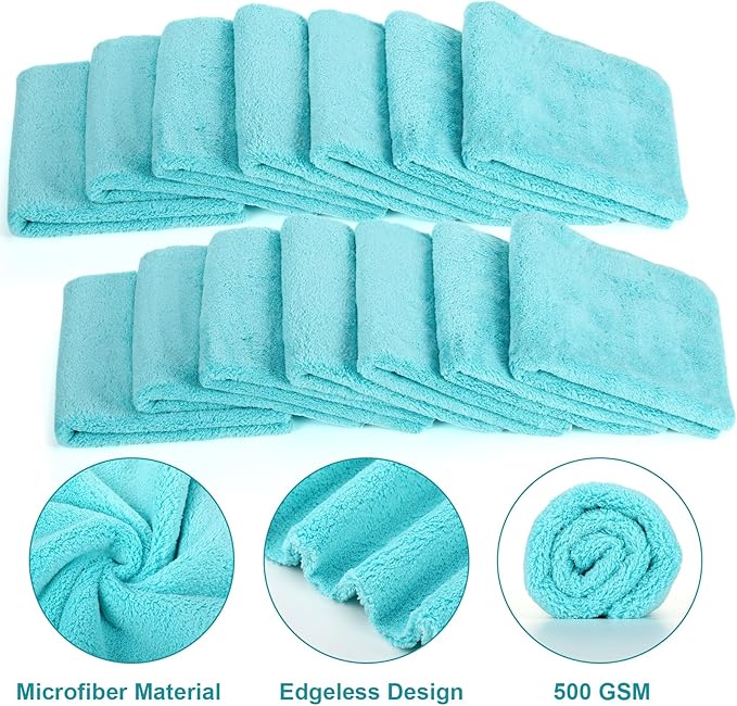 Shimeyao 30 Pcs Edgeless Microfiber Plush Towels for Cars Detailing Drying Wash Polishing Absorbent Cleaning Cloths, 500 GSM, 16 x 16 Inch(16 x 16 Inch, Teal Blue, 30 Pcs)