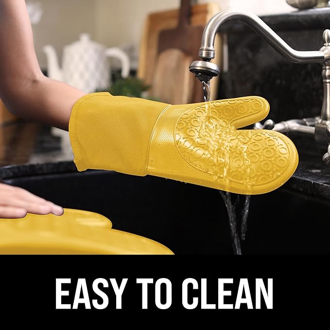 BPA-Free Soft Silicone Oven Mitts - Ultra Heat Resistant Oven Mitts with Thick Cotton Liner - Long Slip Resistant Pot Holders, Flexible Oven Gloves - Yellow 13.7"