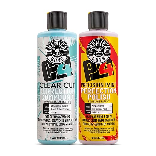 Chemical Guys C4 & P4 Clear Cut Correction Compound and Precision Paint Perfection Polish Combo - Removes Scratches, Swirls, Towel Marks, and Etching, Restores Gloss - 2 x 16 oz