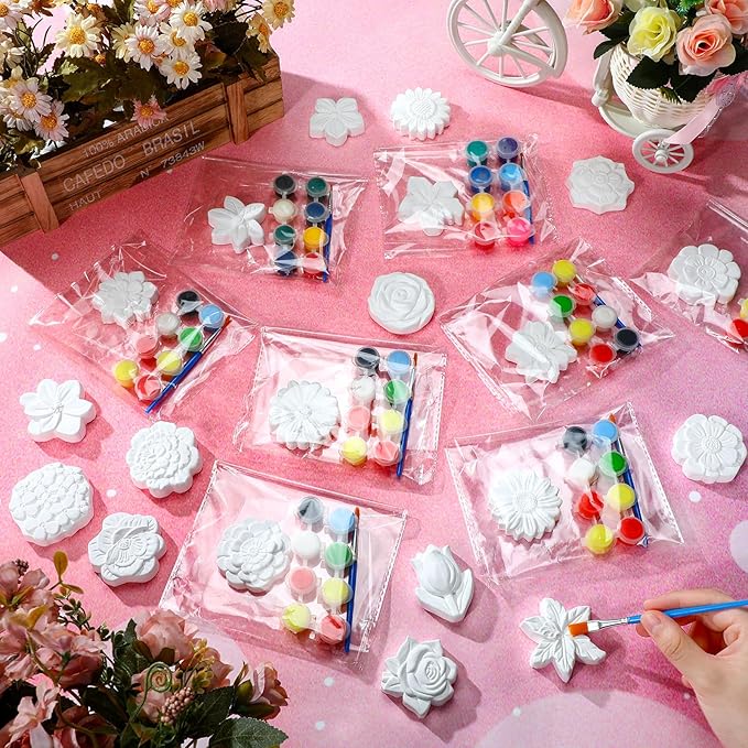 JellyArch 20 Set Flower DIY Painting Kit Ceramic to Paint Your Own Statues Unpainted Plaster Figurines Brushes Acrylic Paints Bags Party Favor for Adults