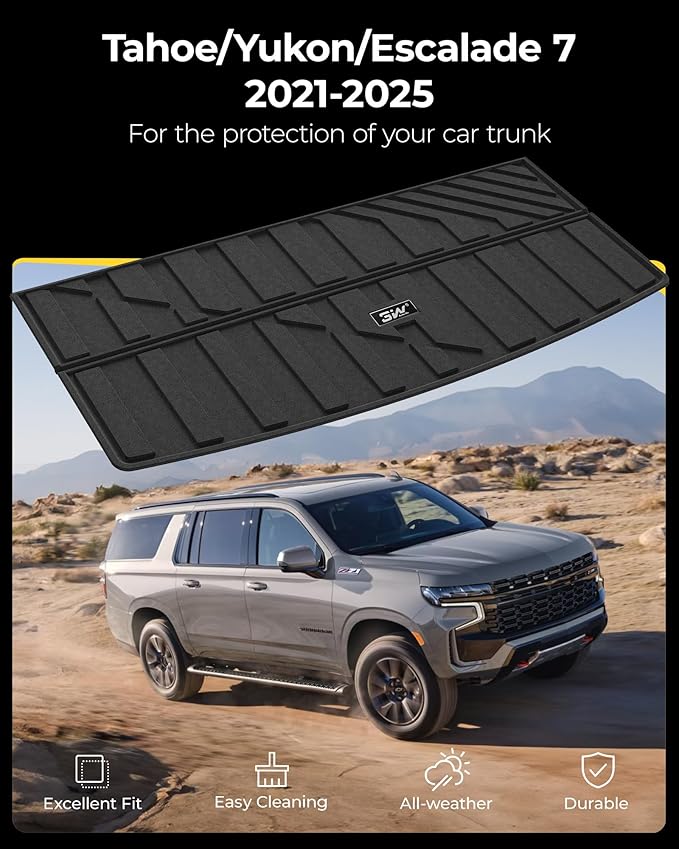 3W Cargo Liner Fit for 2021 2022 2023 2024 2025 Chevy Tahoe/GMC Yukon/Cadillac Escalade 7 Seat, TPE All Weather Custom Fit Heavy Duty Car Accessories Trunk Mats 7 Passengers