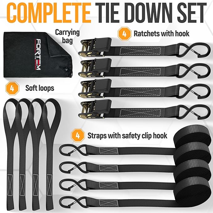 FORTEM Ratchet Straps, Tie Down Strap Set 2300lb Break Strength, 4 Pack 15ft x 1in, 4 Soft Loops, Moving Straps Tie Downs, Cargo Cam Buckles for Trucks, Carry Bag, for Men
