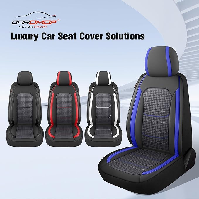 CAROMOP Premium PU Leather&Flannel Car Seat Covers 2 Front Set with Breathable Cloth,Universal Fit for Most Car Interior Covers-Sedan Truck SUV(Black/Blue)