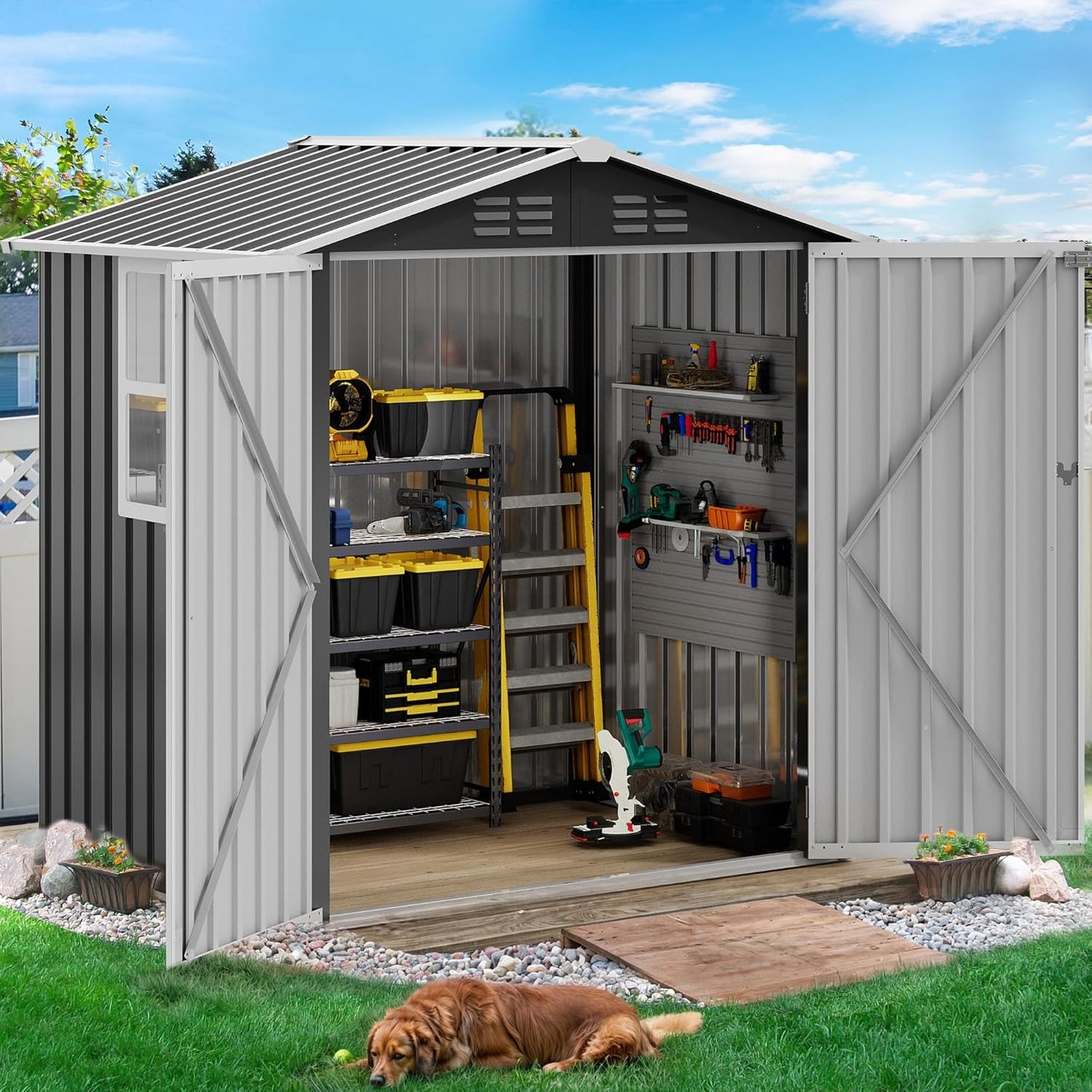 DWVO 6x4ft Metal Outdoor Storage Shed with Window, Lockable Tool Storage Sheds, Steel Garden Sheds with Sloped Roof for Backyard, Patio, Garage, Lawn, Gray + White