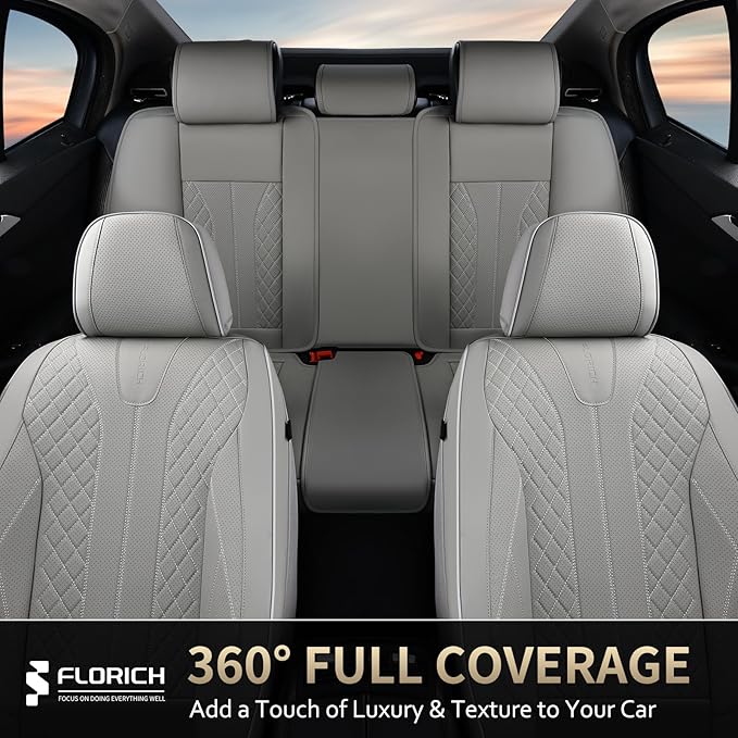 FLORICH Car Seat Covers, Leather Seat Cover for Cars Waterproof Seat Covers Full Set Universal Seat Covers for Cars Seats Protectors Car Seat Cushion Universal Fit for Most Cars SUV Trucks, Gray