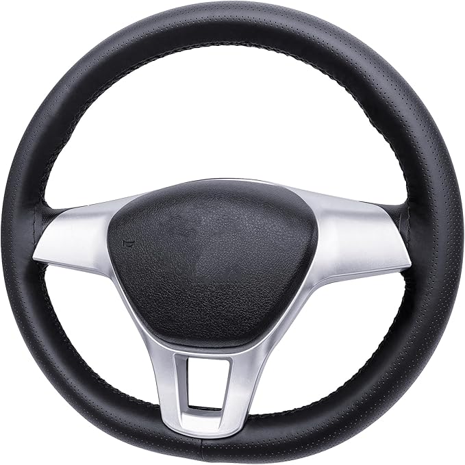 Carodi Leather Steering Wheel Cover, Breathable Non-Slip Design, Soft and Comfortable Feeling, Universal 15 Inch Auto Car Steering Wheel Stitch on Wrap（Size M+, Black）