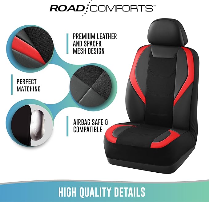Road Comforts Car Seat Cover Full Set, Leather Mesh Seat Covers, Airbag Compatible, Universal Fit for Most Cars, SUVs, Trucks, and Vans - Red