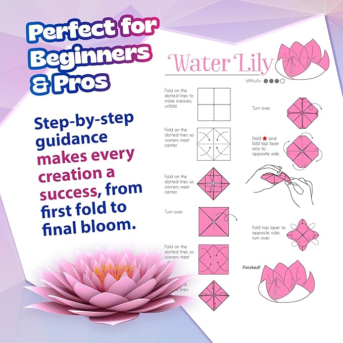 Pinwheel Crafts Flower Origami Kit for Kids Ages 8-12 | 550 Pcs Origami Paper Kit w/Multicolor Folding Papers, Chenille Stems,Buttons and Jewels, Arts and Crafts Paper Book for Kids Ages 6+