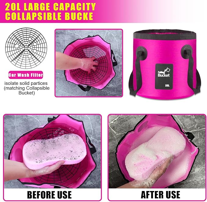 21Pcs Car Wash Kit,62" Car Wash Brush Mop with Long Handle,Car Cleaning Kit,Car Detailing Brush Set,Car Wash Bucket with Filter,Windshield Window Squeegee for Cars RV Truck Boat (Pink)