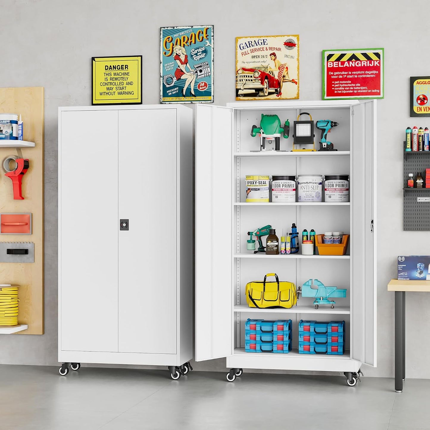 75" Tall Metal Storage Cabinet with Wheels,Rolling Garage Storage Cabinet with Lock,White Metal Cabinets with Wheels and Shelves,Tool Cabinets on Roller for Garage,Home,Office,Shop