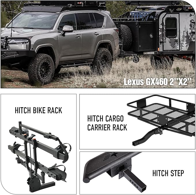 for GX460 Accessories Trailer Hitch Receiver, Class 3 Towing Hitch Kit with Cover Compatible with 2010-2024 GX460 GX 460, 2 Inch Class III Tow Hook Receiver Combo (Textured Black)