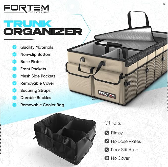 FORTEM Car Trunk Organizer with Cooler, Collapsible Multi Compartment SUV Organizer, Foldable Storage for Car Accessories for Women Men, 600D Oxford, Non Slip Bottom, Securing Straps Soft Cover (105L)