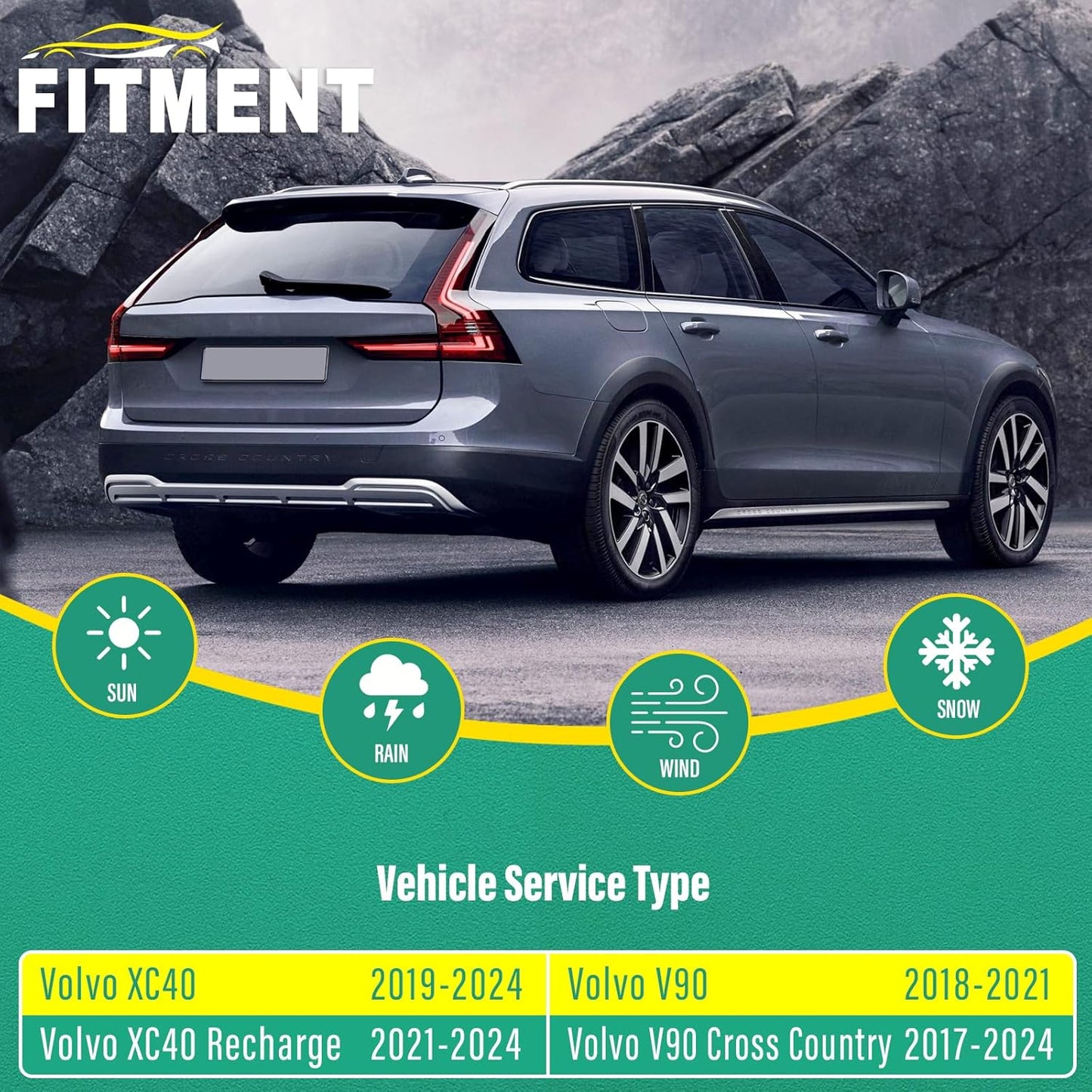 24" 20" 14" Windshield Wiper Blades Replacement for Volvo XC40 2019 2020 2021 2022 2023 2024 / XC 40 Recharge 2021-2024 / V90 Cross Country 2017-2024 Premium All Weather Front Rear Wipers-(Pack of 3)