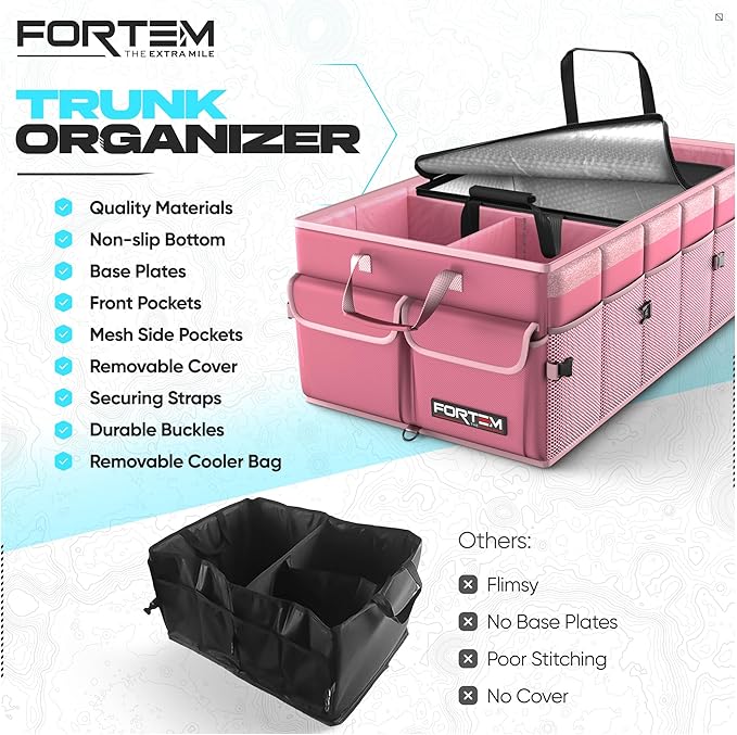 FORTEM Trunk Organizer with Cooler For SUV Car Trunk, Foldable Storage, Car Accessories for Women Men, Collapsible Multi Compartment, 600D Oxford, Non Slip Bottom, Securing Straps, Soft Cover (105L)