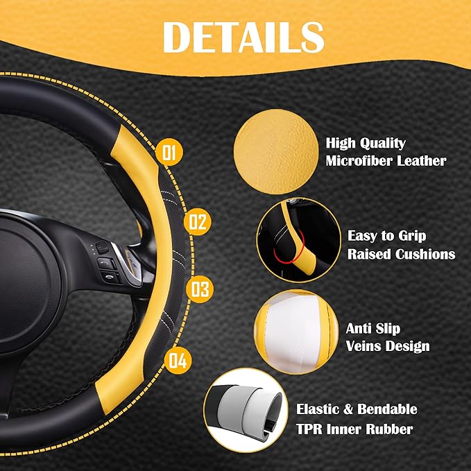 CAR PASS Line Rider Microfiber Leather Sporty Steering Wheel Cover Universal Fits for 95% Truck,SUV,Cars,14.5-15inch Anti-Slip Safety Comfortable Desgin (Black-Yellow)