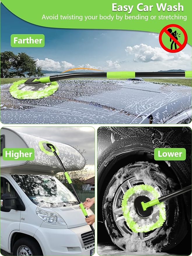 Curved Car Wash Brush Mop 47" with Long Handle Sturdy Metal Pole 3 Grip Points Washing Wand Auto Cleaning Tool Kit Scratch-Free Chenille Microfiber Soft Duster for Cars RV SUV Truck Caravan Van Window