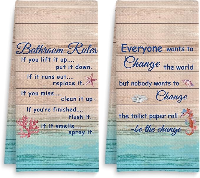 Funny Bathroom Rules Decorative Hand Towels Set of 2, Rustic Farmhouse Hand Towels for Bathroom Decor, 16x24 Inch(Beach Style)