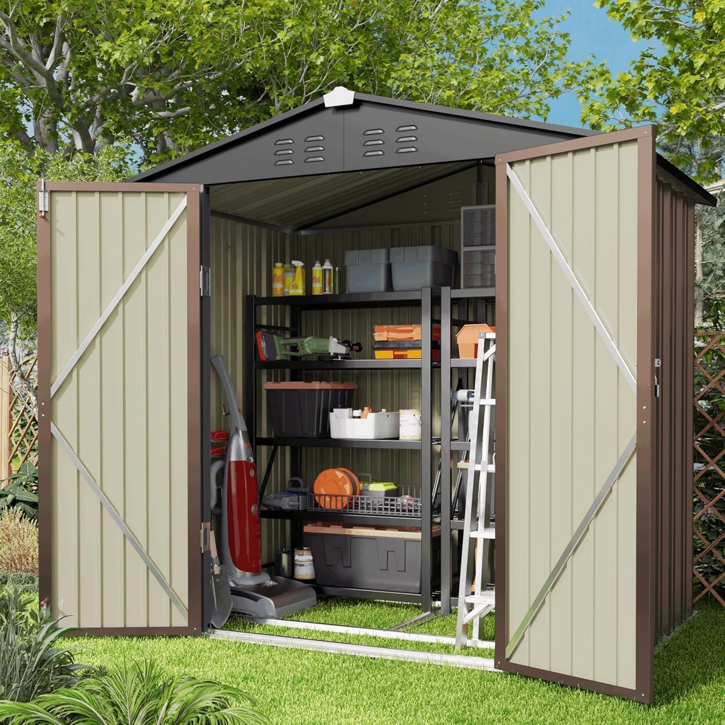 Gizoon Outdoor Storage Shed 6 x 4 FT, Galvanized Metal Garden Shed with Double Lockable Doors, Outdoor Storage Clearance for Backyard Patio Lawn-Light Brown