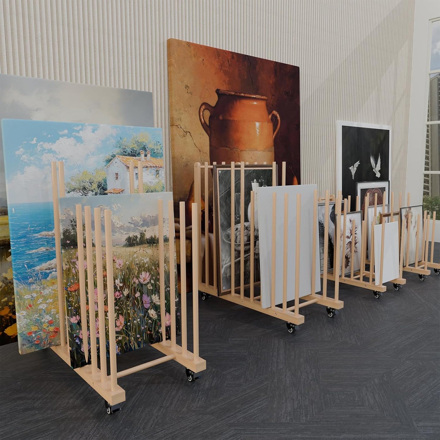 Art Storage Rack,Wood Art Drying Storage Stand with Hand&Caster Wheels , Art Canvas Storage for Art Studios,Drawing Board,Printed Matter,Gallery,Artworks