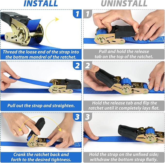 Ratchet Tie Down Strap 8-Pack 15 Ft - 500 lbs Load Cap with 1500 lbs Breaking Limit, Ohuhu Ratchet Tie Downs Logistic Cargo Straps for Moving Appliances Motorcycle Blue