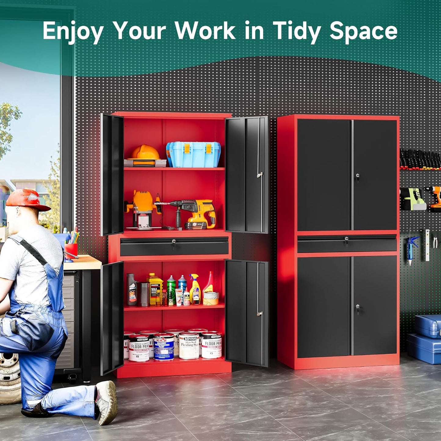 Metal Storage Cabinet with Drawer and Lock,Garage Storage Cabinet with Locking Doors and Shelves,71" Black Red Metal Cabinets,Lockable Steel Tool Cabinets for Garage,Home,Office,Shop